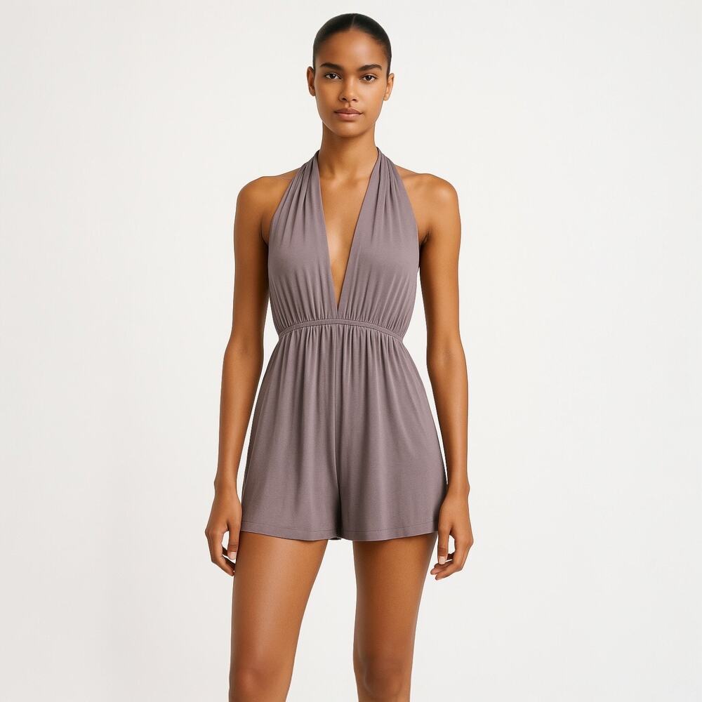 Lulus Purple Halter Plunge V Neck Sleeveless Open Back Romper Shorts Size L